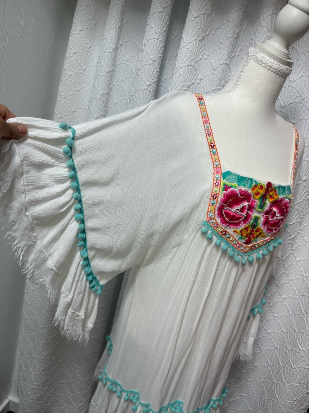 White Embroidered Boho Tunic Dress with Turquoise Trim - Picture 2 of 7